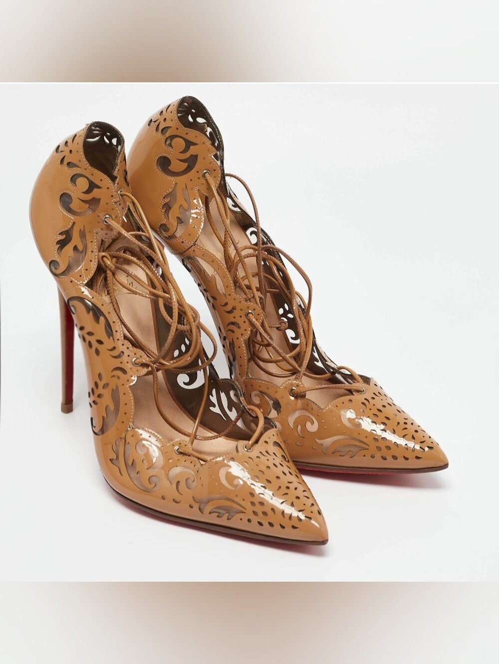 Christian Louboutin Tan Laser-Cut Lace-Up Patent Pointed-Toe Pumps - Picture 4 of 9